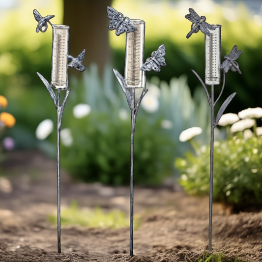 Assorted Distressed Metal Garden Springtime Rain Gauge Yard Stake