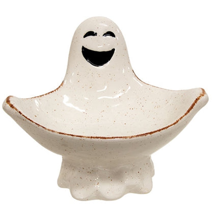 Ceramic ghost candy dish with smiling face, rustic speckles, and wide bowl for Halloween treats