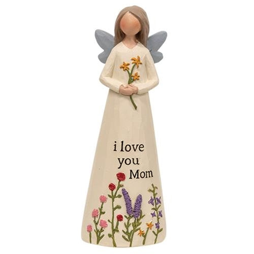 Resin angel figurine holding yellow flowers, inscribed with "I love you mom," adorned with pink, red, purple flowers, and blue wings.