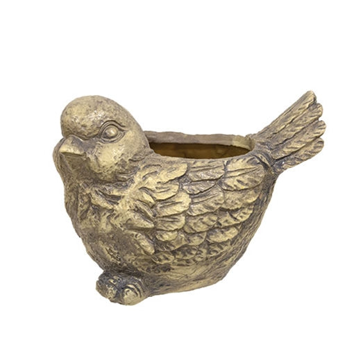 Cream resin bird planter with round cheeks, layered feathers, and gray patina for rustic farmhouse decor.