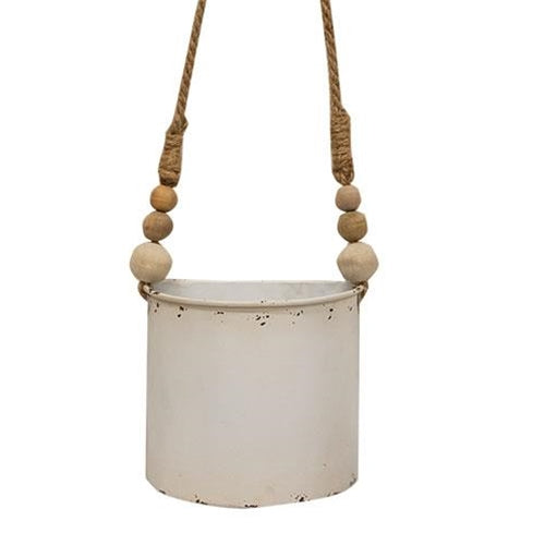 Set of 2 shabby chic white metal half round planters with jute hangers, farmhouse wall or tabletop decor