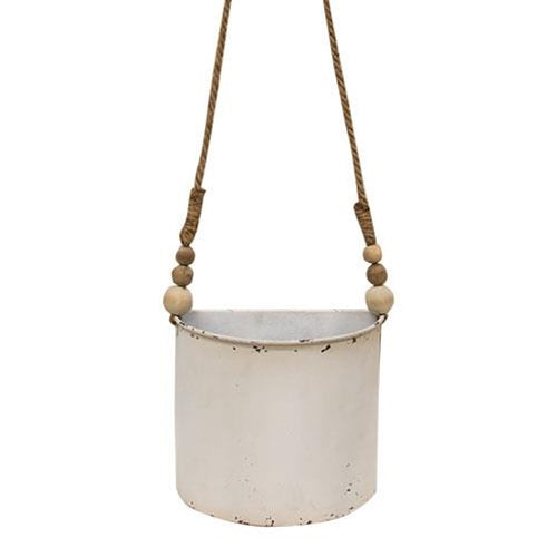 Set of 2 shabby chic white metal half round planters with jute hangers, farmhouse wall or tabletop decor