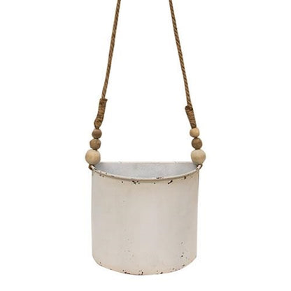 Set of 2 shabby chic white metal half round planters with jute hangers, farmhouse wall or tabletop decor