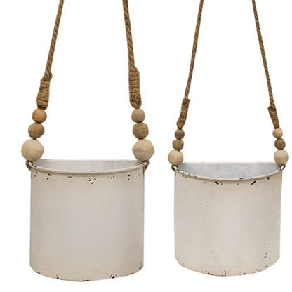 Set of 2 shabby chic white metal half round planters with jute hangers, farmhouse wall or tabletop decor
