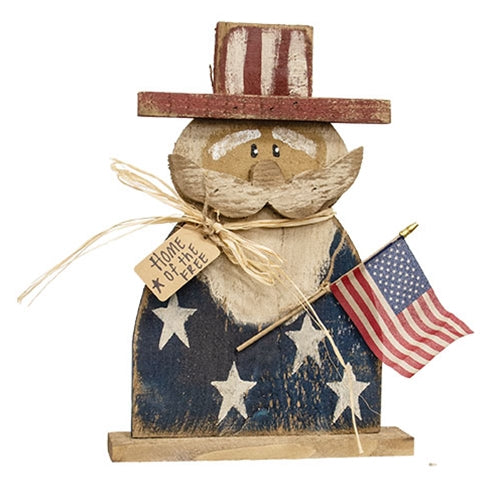 Rustic wood Uncle Sam patriotic decor with painted stars, teastained flag, and farmhouse handmade style