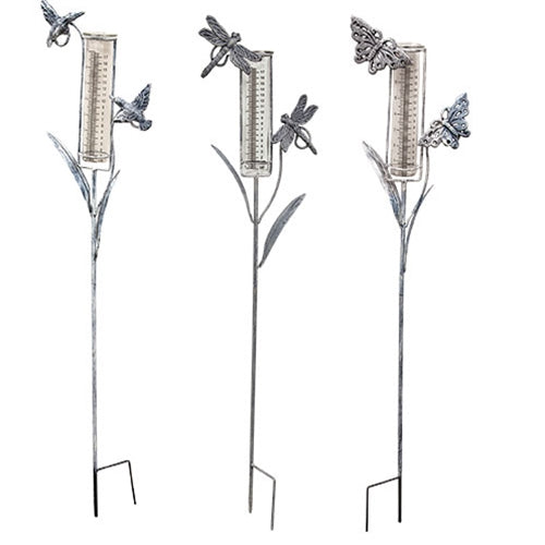 Assorted Distressed Metal Garden Springtime Rain Gauge Yard Stake