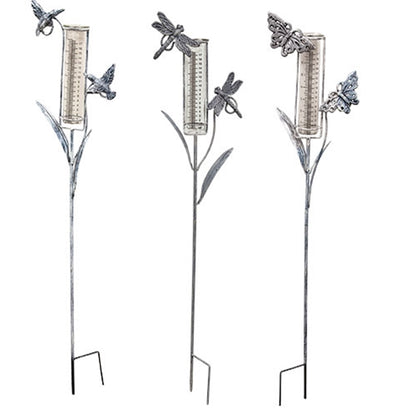 Assorted Distressed Metal Garden Springtime Rain Gauge Yard Stake