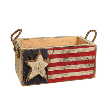 Rustic wood flag box with distressed finish, rope handles, and patriotic Americana design for farmhouse decor