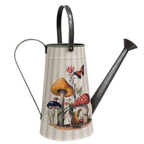 Mushroom Patch Metal Watering Can with rustic style, white and green stripes, mushroom scene, ladybug, butterfly, and piped details.