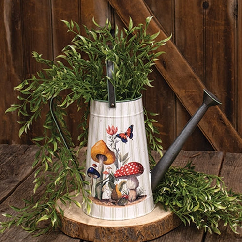 Mushroom Patch Metal Watering Can with rustic style, white and green stripes, mushroom scene, ladybug, butterfly, and piped details.