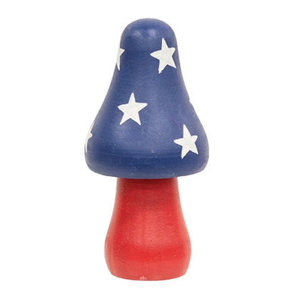 Wooden mushroom toy with blue cap and red body on a white background