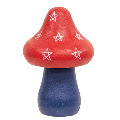 Red and blue mushroom-shaped object with star patterns on a white background