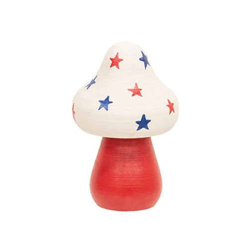 Set of 3 wooden Americana mushroom sitters with painted red, white, and blue patriotic details