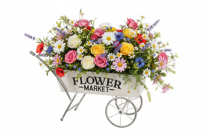 Decorative wheelbarrow with 'Flower Market' text on a white background