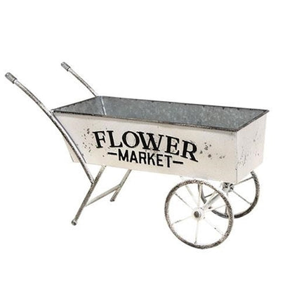 Vintage Flower Market Cart with weathered white paint, embossed lettering, and rustic charm, perfect for florals and decor.