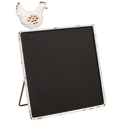 Farmhouse-style chalkboard sign with distressed white metal frame and chicken figurine, supported by a metal easel kickstand.