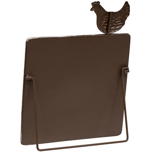 Farmhouse-style chalkboard sign with distressed white metal frame and chicken figurine, supported by a metal easel kickstand.