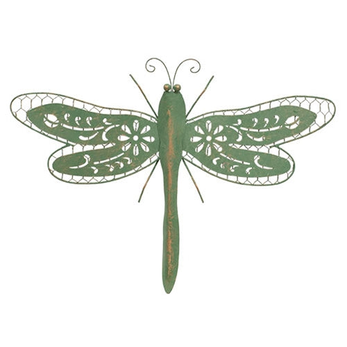 Distressed green-copper metal dragonfly wall accent with ornate cutout wings and rustic farmhouse charm