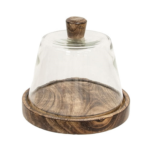 Glass cloche with a tapered shape and dark wooden knob on a rich, dark wooden base with natural grain, perfect for display.