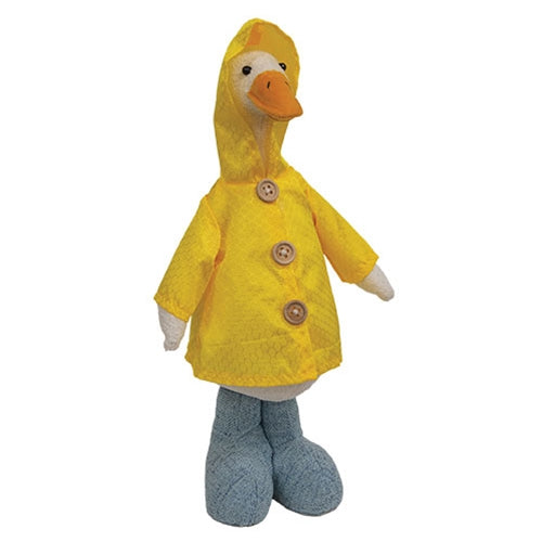 Standing duck decor in a yellow raincoat with blue boots, white plush body, and wooden button details