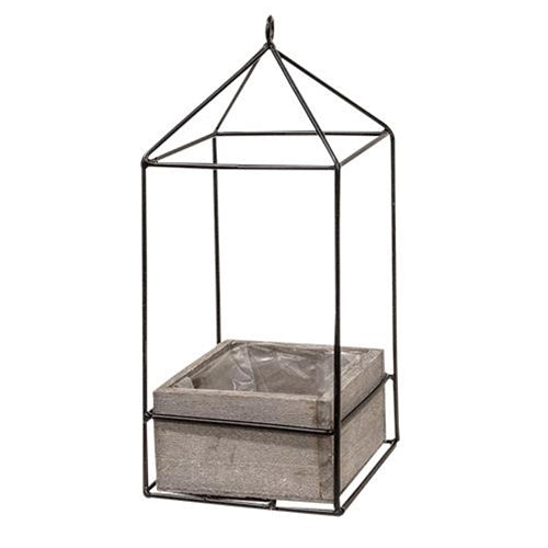 Wooden planter boxes with metal frames, showcasing plants. Plastic lining for durability, adding a natural touch to decor.