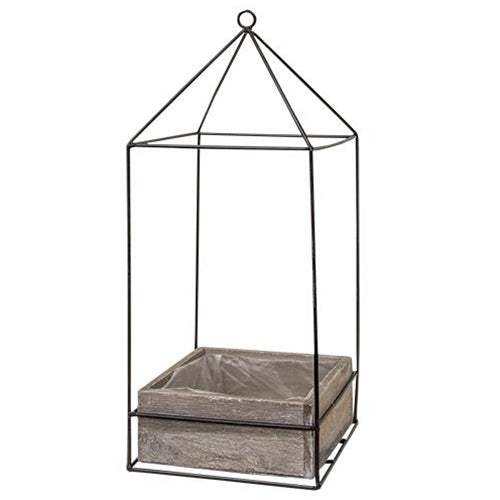 Wooden planter boxes with metal frames, showcasing plants. Plastic lining for durability, adding a natural touch to decor.