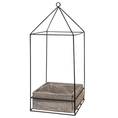 Wooden planter boxes with metal frames, showcasing plants. Plastic lining for durability, adding a natural touch to decor.