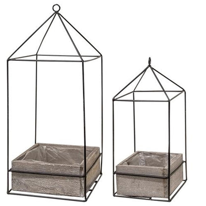 Wooden planter boxes with metal frames, showcasing plants. Plastic lining for durability, adding a natural touch to decor.