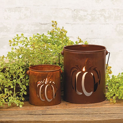 Set of Two Rusty Metal Pumpkin Cutout Buckets