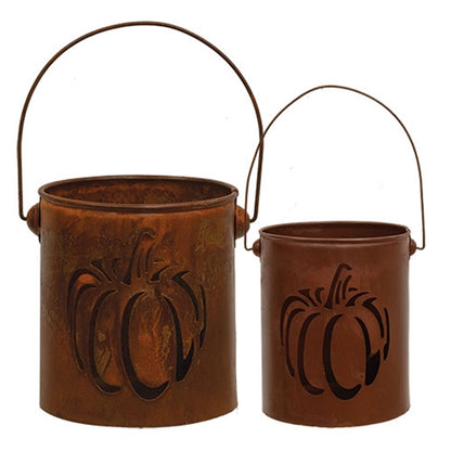 Set of Two Rusty Metal Pumpkin Cutout Buckets