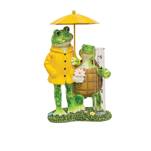 Cheerful resin frog couple rain gauge with colorful farmhouse style, featuring a frog under an umbrella and playful garden detail.
