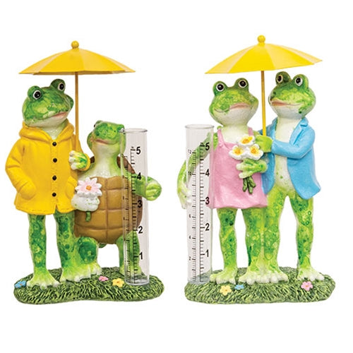 Cheerful resin frog couple rain gauge with colorful farmhouse style, featuring a frog under an umbrella and playful garden detail.
