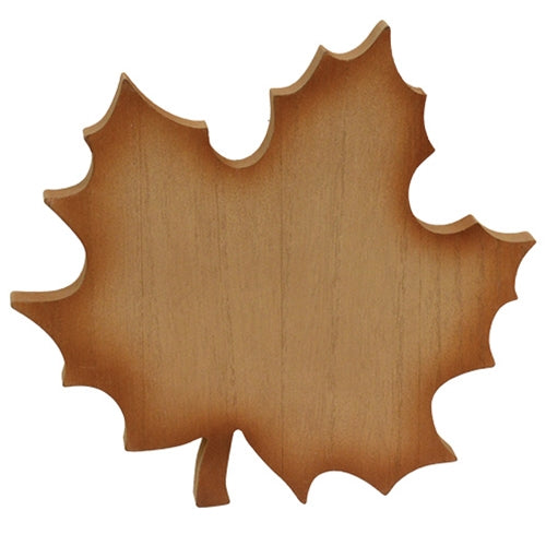 Natural wood maple leaf riser with dark edges, a warm fall decor accent for shelves, tables, and mantels