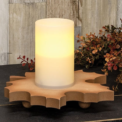 Natural wood maple leaf riser with dark edges, a warm fall decor accent for shelves, tables, and mantels