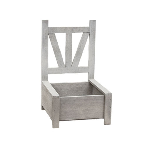 Wooden garden chair planter boxes with distressed whitewash finish, featuring open box base and detailed chairback design.