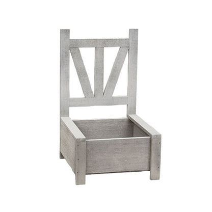 Wooden garden chair planter boxes with distressed whitewash finish, featuring open box base and detailed chairback design.