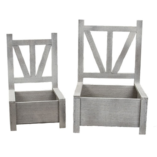 Wooden garden chair planter boxes with distressed whitewash finish, featuring open box base and detailed chairback design.