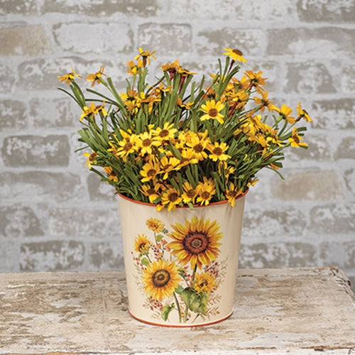 Cream metal bucket with orange rims, sunflower and berry design, and galvanized interior for fall decor