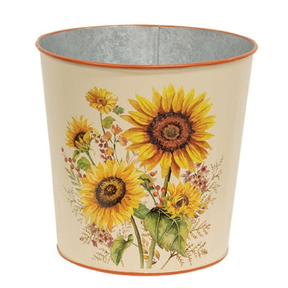 Cream metal bucket with orange rims, sunflower and berry design, and galvanized interior for fall decor