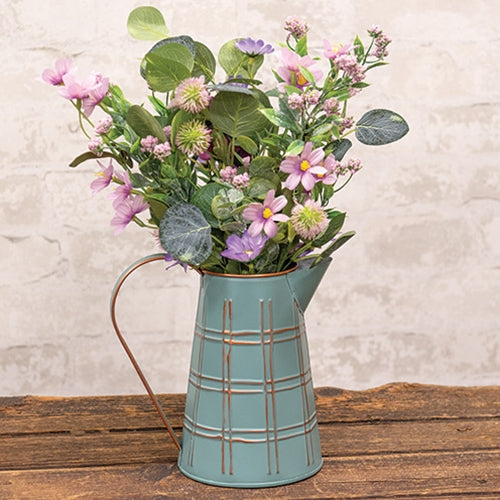 Gold Plaid Embossed Teal Water Pitcher with a curved handle, pointed spout, teal color, golden rim, and embossed pattern.