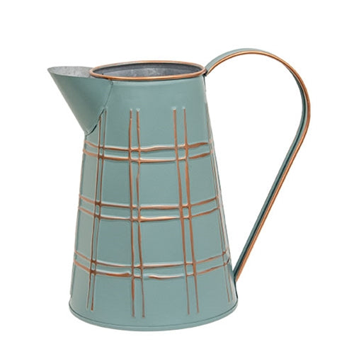 Gold Plaid Embossed Teal Water Pitcher with a curved handle, pointed spout, teal color, golden rim, and embossed pattern.