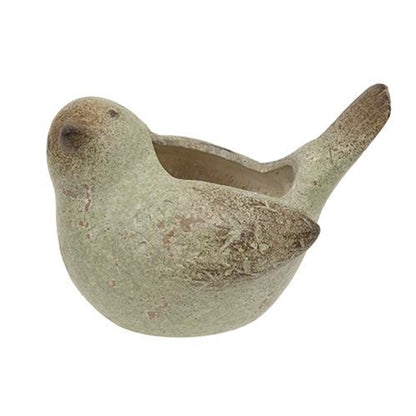 Distressed bird-shaped planter in antiquated brown and green resin, ideal for small plants, adds vintage charm to any room.