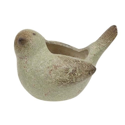Distressed bird-shaped planter in antiquated brown and green resin, ideal for small plants, adds vintage charm to any room.