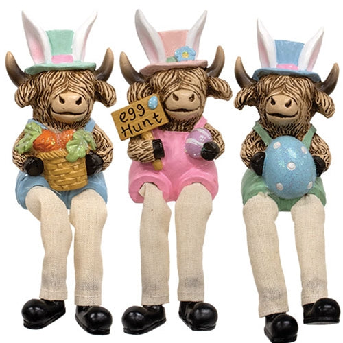 Set of 3 Assorted Resin Easter Highland Sitters with Dangling Legs