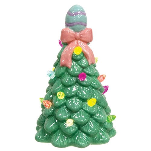 Two ceramic Easter egg LED table trees with textured leaves, pastel bulb lights, one in sage green and the other in medium pink.