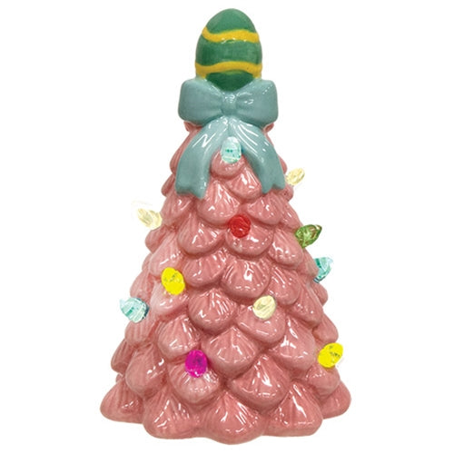 Two ceramic Easter egg LED table trees with textured leaves, pastel bulb lights, one in sage green and the other in medium pink.