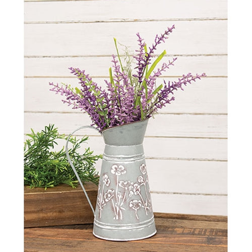 Washed Blue Metal Water Pitcher with Embossed Floral Design