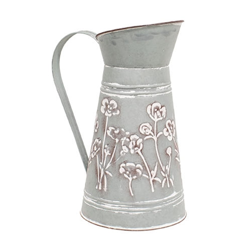 Washed Blue Metal Water Pitcher with Embossed Floral Design