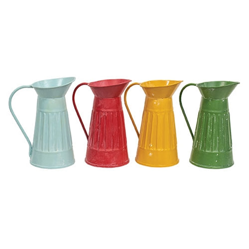 Mini distressed ribbed metal water pitcher with a flat base, long handle, and smooth spout in light blue, red, mustard, or green.