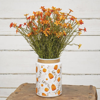 White milk can-style glass jar with pumpkin and vine pattern and jute twine, rustic farmhouse fall decor